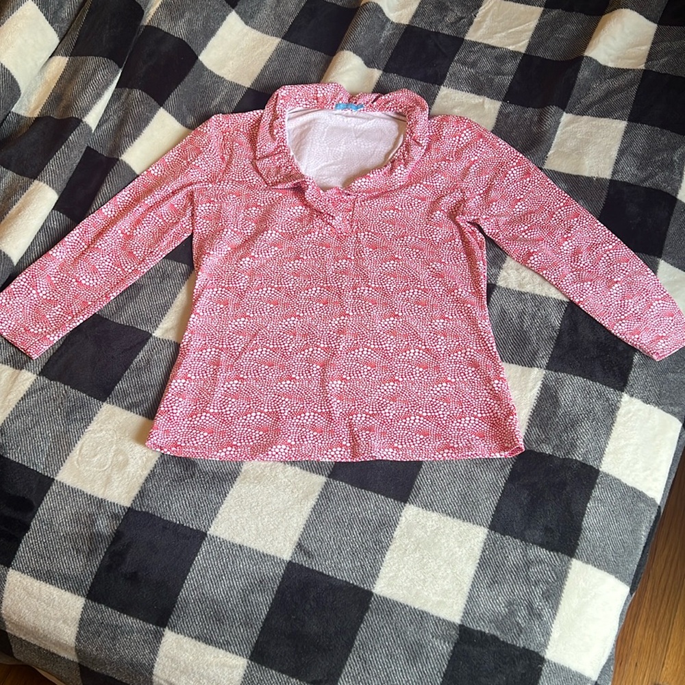 3/4 Length Sleeve Red / white Printed J. McLaughlin Ruffle collar Womens Size XS